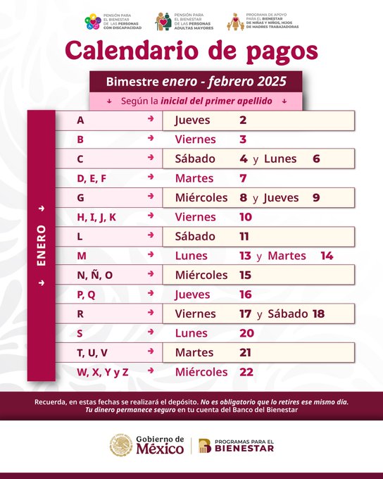 Publican calendario de cobro para pensiones del Bienestar de 65  años y más